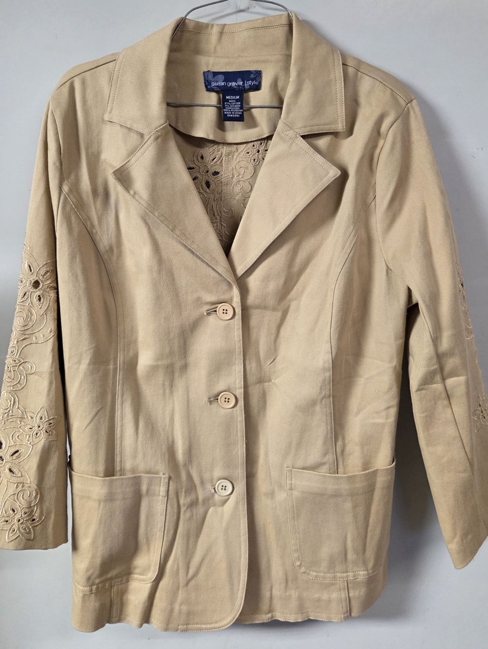 Susan Graver Lightweight Embroidered Beige Blazer Jacket